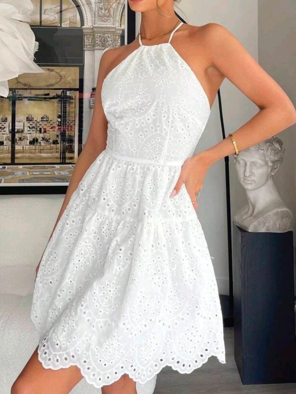 New Boho Embroidered Eyelet Lace Tie Halter Scalloped Hem Short Dress White - Picture 2 of 8